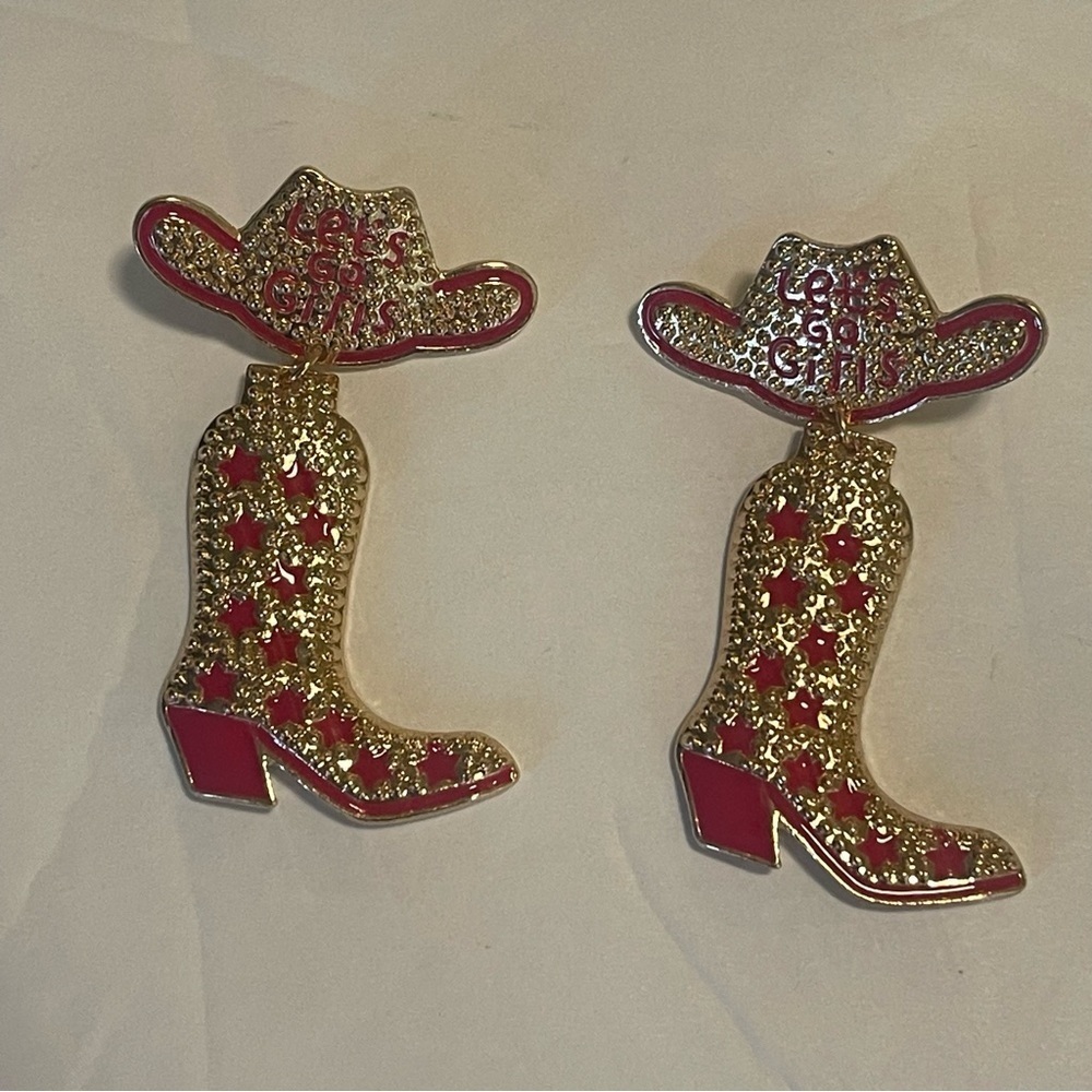 Cowboy Hat Boots Earrings Let’s Go Girls Concert Hoedown New Hot Pink Gold - Picture 10 of 16